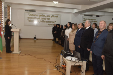 Quba Rayon Tarix-Diyarşünaslıq Muzeyinin akt zalında 44 günlük Vətən Müharibəsi şəhidi Hacıyev Aydəmir Sənan oğlunun xatirəsinə həsr olunmuş tədbir keçirilmişdir.